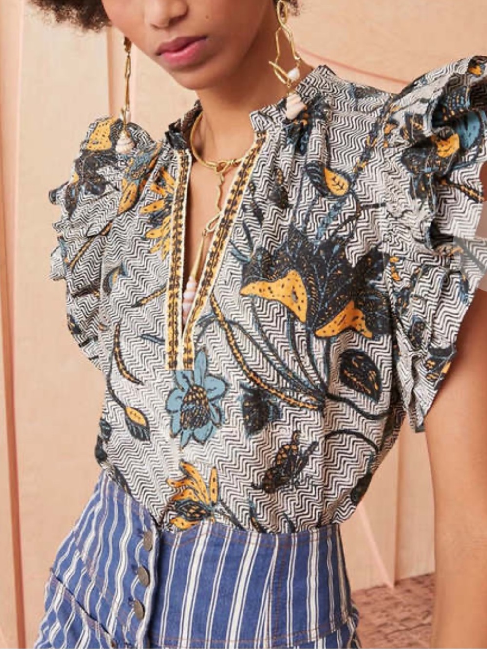 Ulla Johnson Floral Elena Puff-Sleeve V-Neck Top